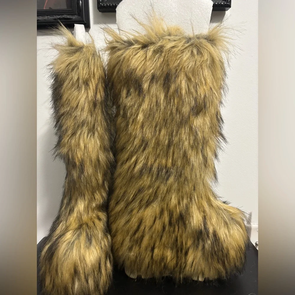Dolls Kill / Club Exx Brown Wild Instinct Faux Fur Knee High Boots